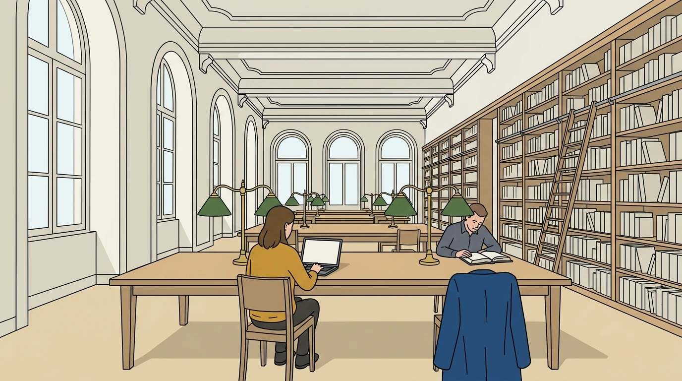 A quiet library reading room with two people working at a long table